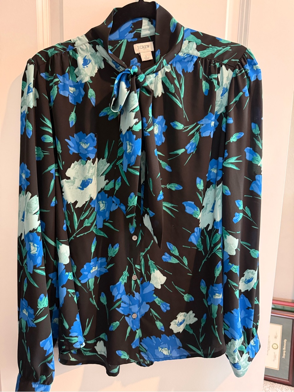 J. Crew Black Floral Tie-Neck Blouse with Blue & Mint Blooms